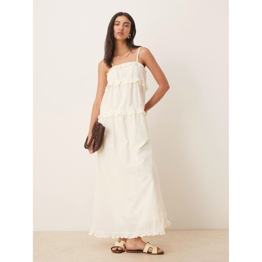 ASOS Design Cream Cotton Tiered Ruffle Maxi Bridal Shower Dress Sz 4